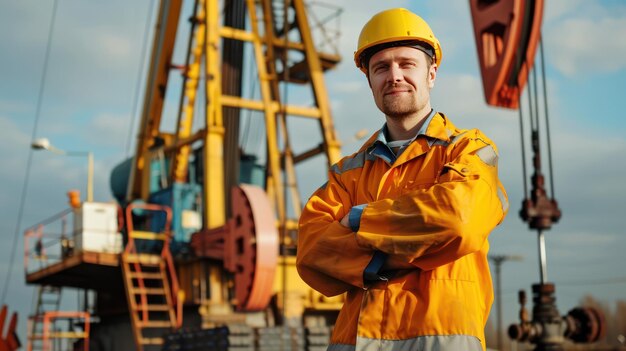 Engineer posing in front of oil drilling machinery