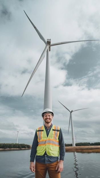 Engineer posing in front of a wind turbine