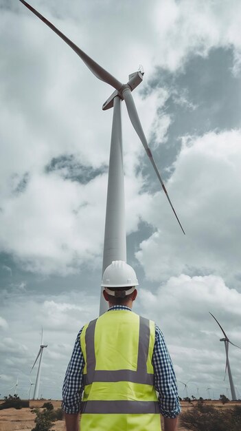 Engineer posing in front of a wind turbine