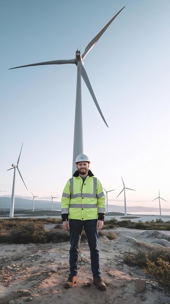 Engineer posing in front of a wind turbine