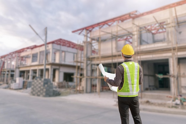 engineer in protective helmet and blueprints paper at the house building construction site