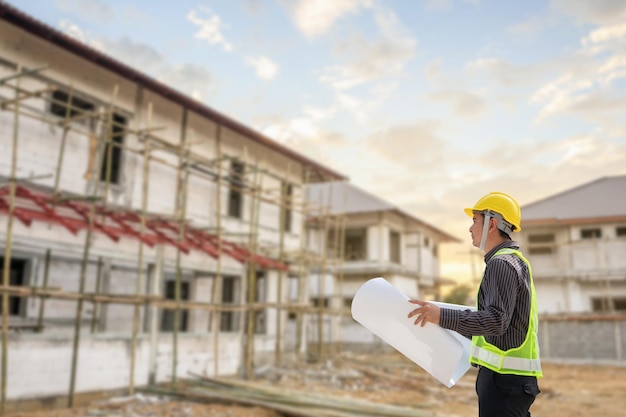 engineer in protective helmet and blueprints paper at the house building construction site