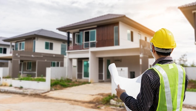 engineer in protective helmet and blueprints paper at the house building construction site