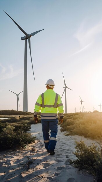 Engineer in reflective clothing walking towards wind turbines