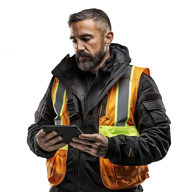 Engineer in reflective vest at construction site against isolated on white background