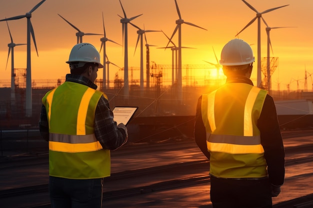 Engineer in reflective vest and hardhat inspecting tablet with wind turbines at sunset