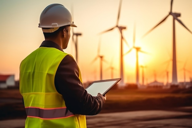 Engineer in reflective vest and hardhat inspecting tablet with wind turbines at sunset