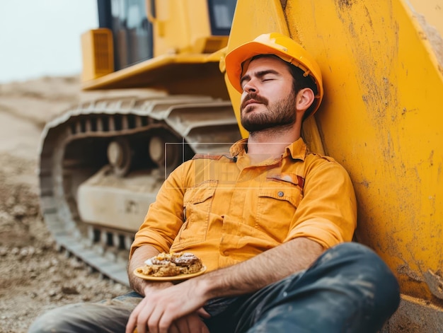 Photo an engineer resting against a bulldozer during lunch break enjoying a snack