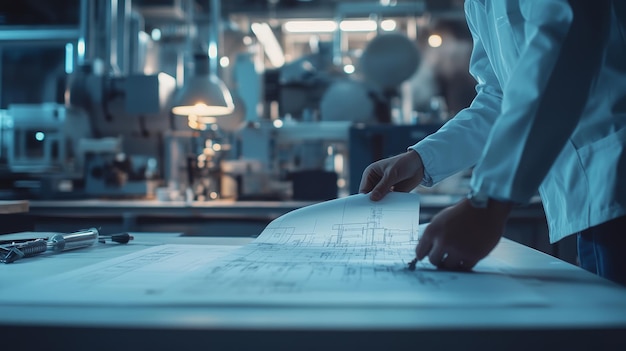 Photo engineer reviewing blueprints in factory setting