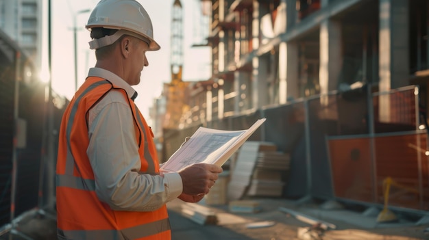 Photo engineer reviewing plans at site