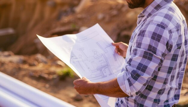 Photo an engineer reviews plans and blueprints on a construction site ensuring precision and safety aig