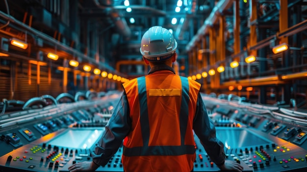 Engineer in safety vest and helmet supervising operations in a hightech control room of an industrial facility