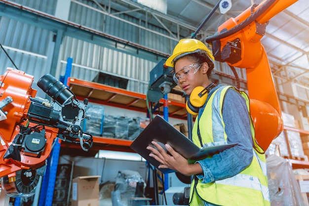 Engineer smart woman worker working programing robotic welding machine Black teen girl work in advance modern factory