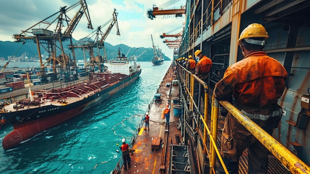 Engineer standing on boat inspecting tugboat in port