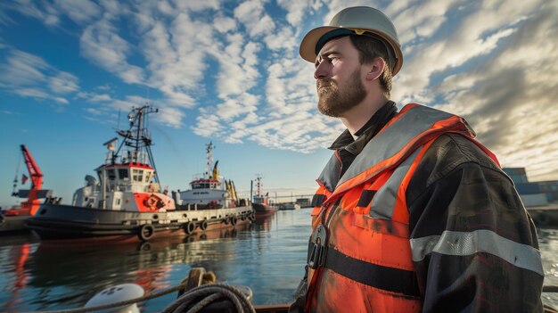 Photo engineer standing on boat inspecting tugboat in port