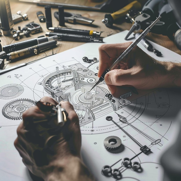 Engineer technician designing drawings mechanical parts engineering Engine manufacturing factory