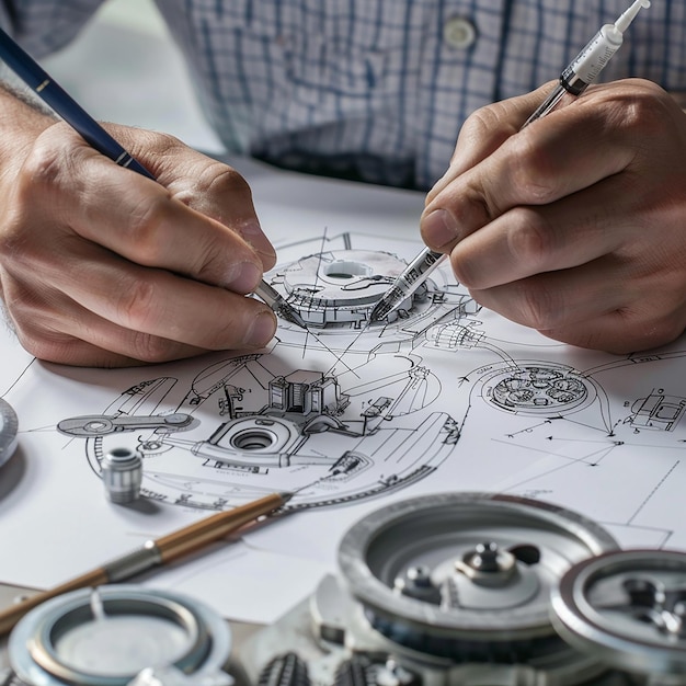 Engineer technician designing drawings mechanical parts engineering Engine manufacturing factory