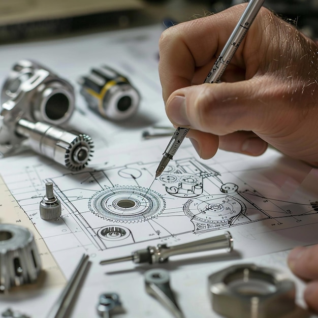 Engineer technician designing drawings mechanical parts engineering Engine manufacturing factory