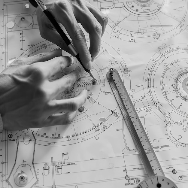 Photo engineer technician designing drawings mechanical parts engineering engine manufacturing factory