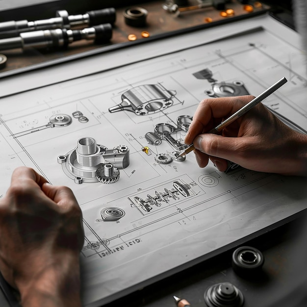 Engineer technician designing drawings mechanical parts engineering Engine manufacturing factory