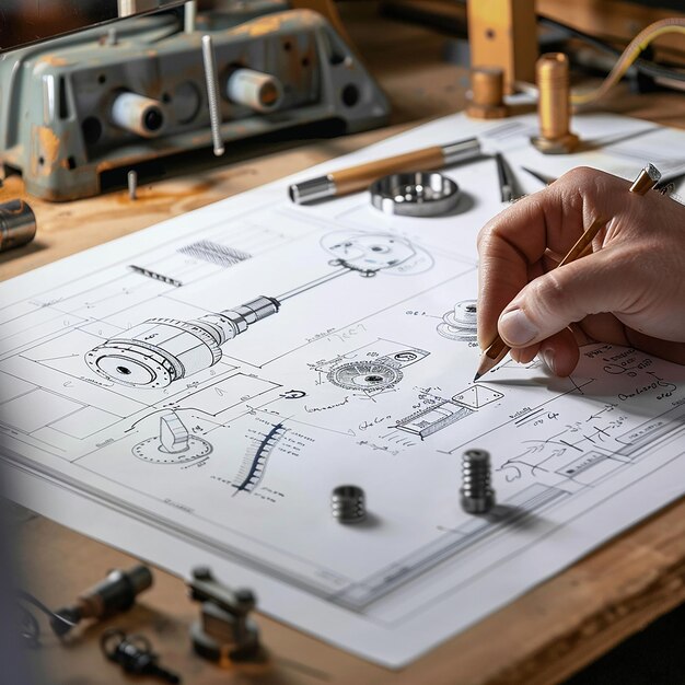 Photo engineer technician designing drawings mechanical parts engineering engine manufacturing factory