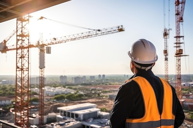 Engineer on top of building looking on crane