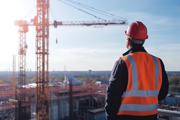 Engineer on top of building looking on crane