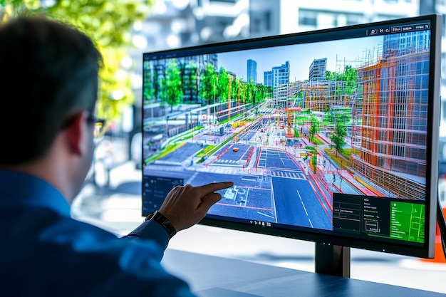 Photo engineer uses bim technology and software for digital twin urban construction project design