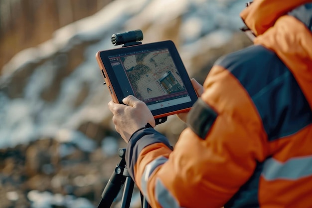 Photo engineer uses rugged tablet to operate total station for surveying