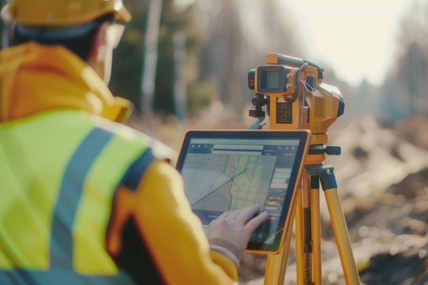 Engineer uses rugged tablet to operate total station for surveying