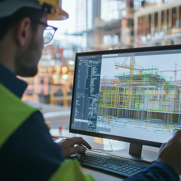 Photo engineer using cad software on a computer to design a construction project