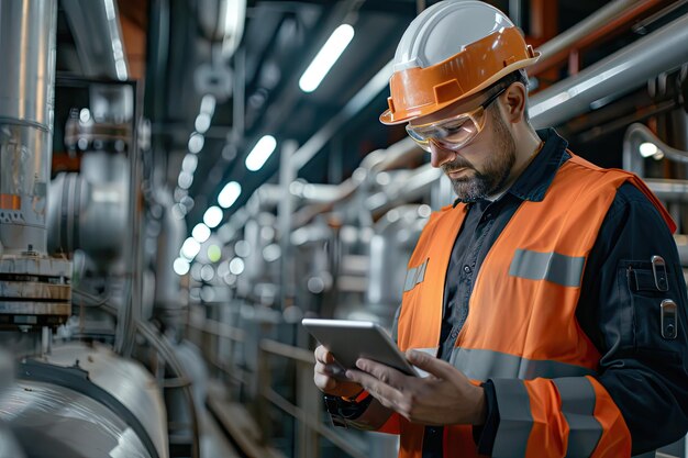 Engineer Using Tablet to Inspect Production Data in Manufacturing Plant