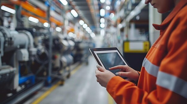 Photo engineer using tablet pc near machinery in factory