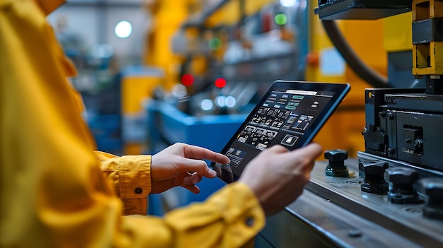 Photo engineer using tablet pc near machinery in factory