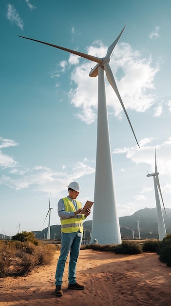 Engineer using tablet PC near wind turbine on sunny day