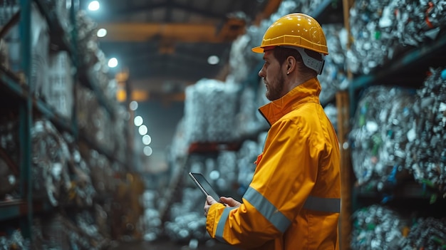 Engineer watching steel roll into a recycling plant Engineer and recyclable material Foreman holding tablet looking at recyclable material