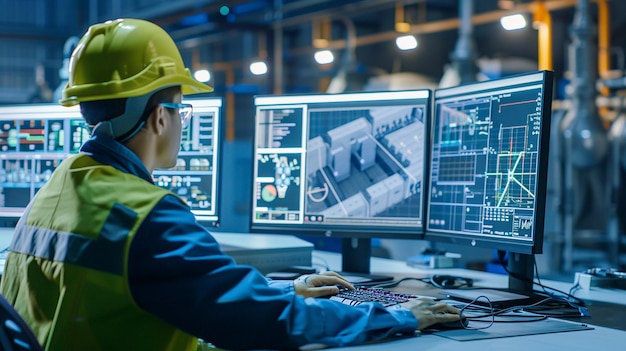 Photo engineer wearing a blue kit monitoring industrial