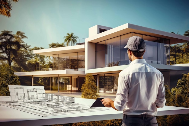 An engineer wearing helmet supervising a modern villa holding plans