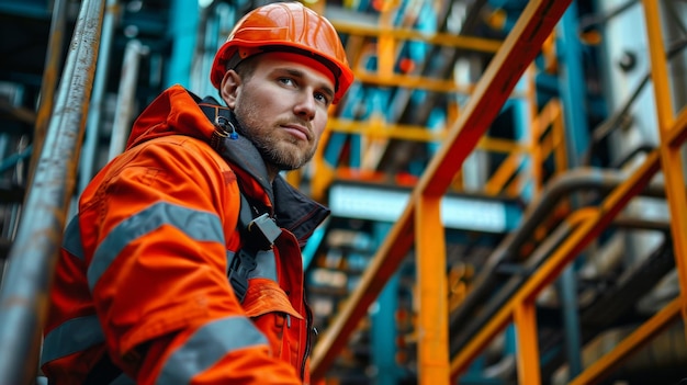 An engineer wearing safety gear and an orange hard hat standing at an industrial plant symbolizing industrial safety and engineering