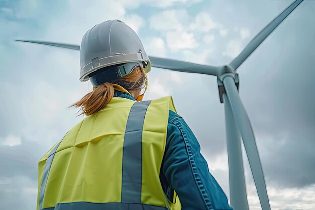 Photo engineer wearing safety helmet and vest inspecting wind turbine