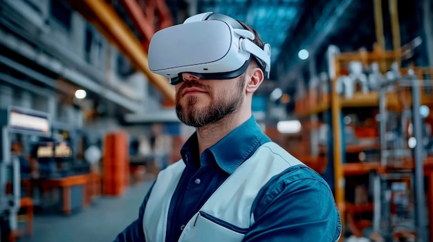 Engineer in a white VR headset at a hightech factory The future of manufacturing and innovation