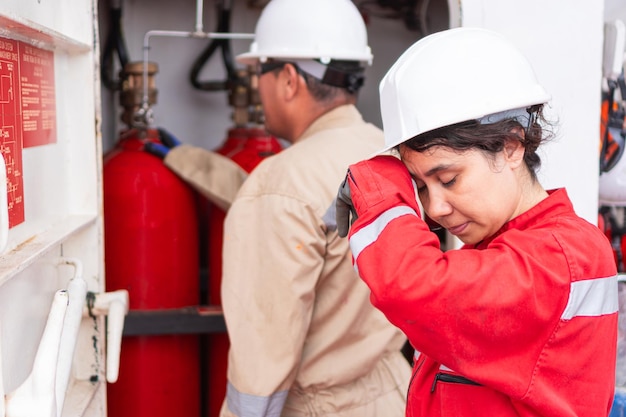 Engineer wiping sweat amidst work in industrial facility