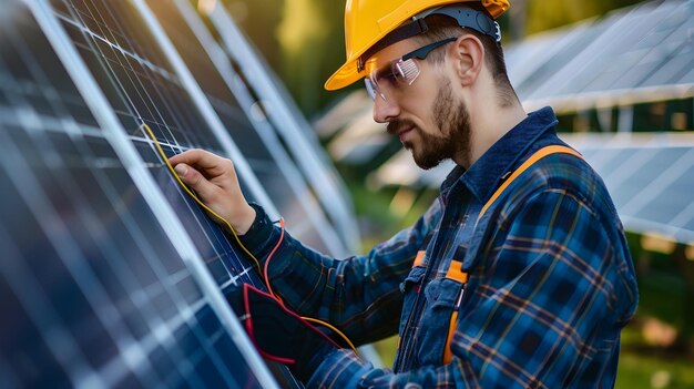 Photo engineer wiring connections on a solar panel array for electrical installation