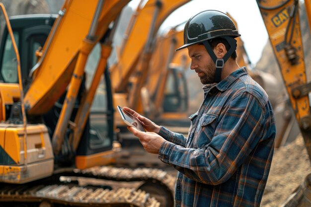 Photo engineer with digital tablet next to construction excavators