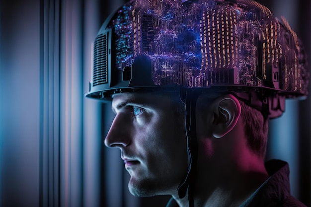 Engineer with hat double exposure with wondrous server room or data center