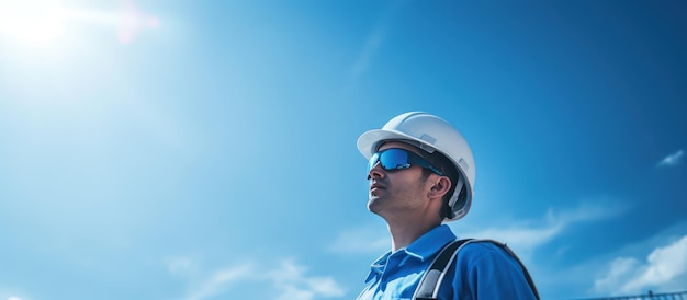 engineer with helmet and safety cloth stands against blue sky