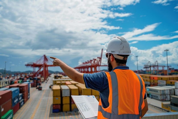 engineer with logistics port background stacked containers