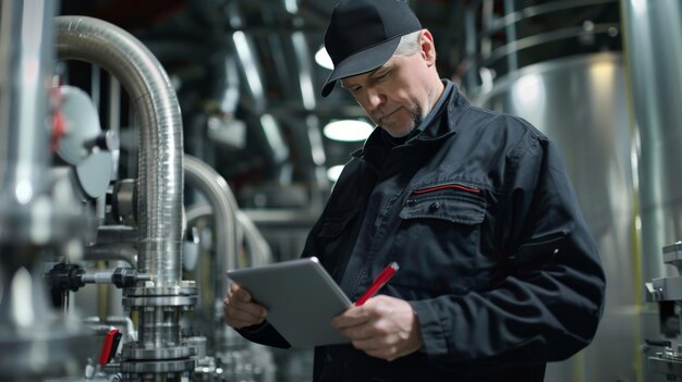 An engineer with a red pen in his pocket checking machinery settings on a digital tablet