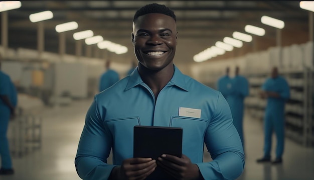 Engineer with a smile in a blue jumpsuit using a tablet at a warehouse AI Generative