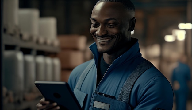 Engineer with a smile in a blue jumpsuit using a tablet at a warehouse AI Generative